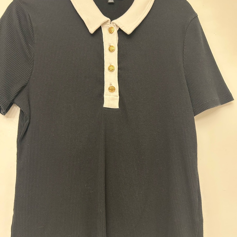 J. Crew Black Ribbed Polo Shirt with Cream Collar